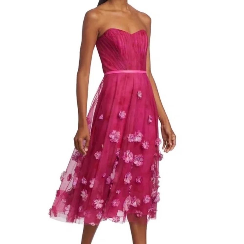Marchesa Notte Decorated with 3D floral appliqués Dress